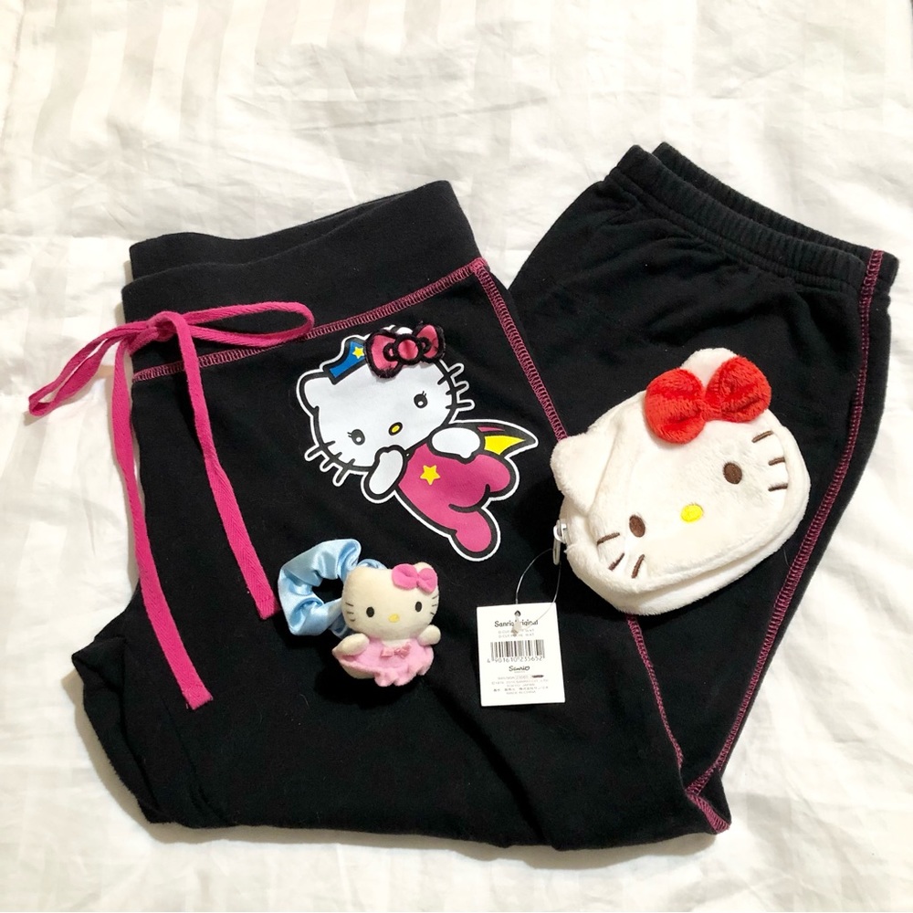 Hello Kitty Bundle- Capris Loungewear, Zipper Pouch, & Hair Scrunchie Accessory